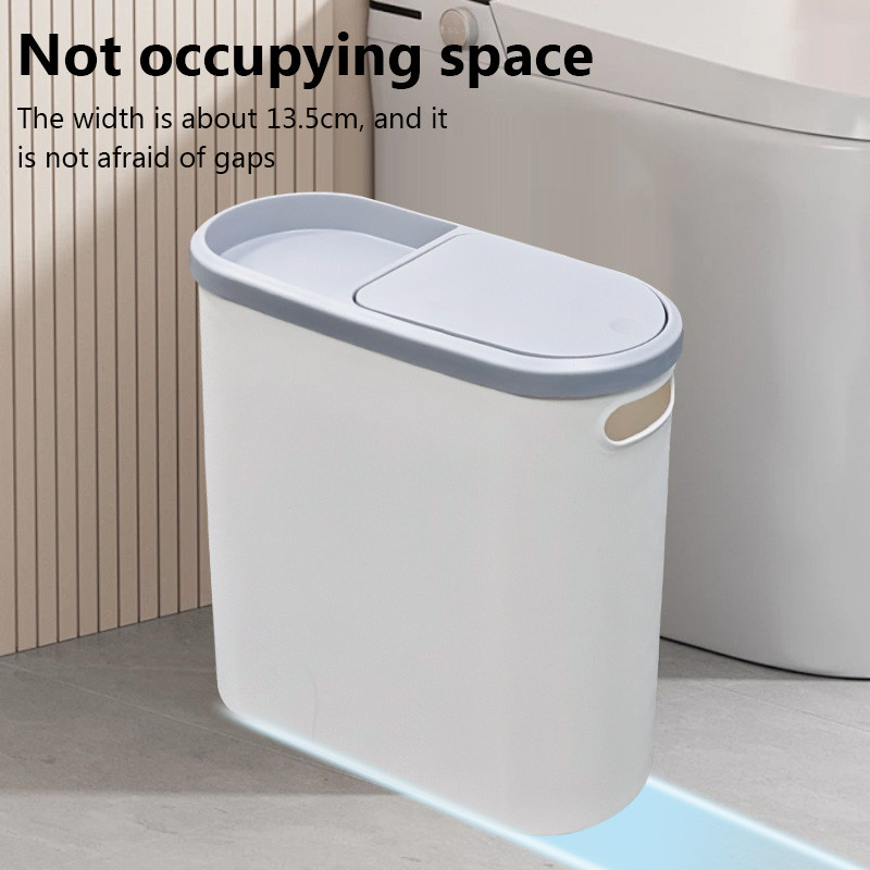10L Slim Bathroom Bin, Narrow Plastic Trash Can with Touch Top Lid & Handle, Slimline Kitchen Bin, Compact Design Waste Bin, Small Space Storage for Bathroom, Bedroom, Office (White/Grey)