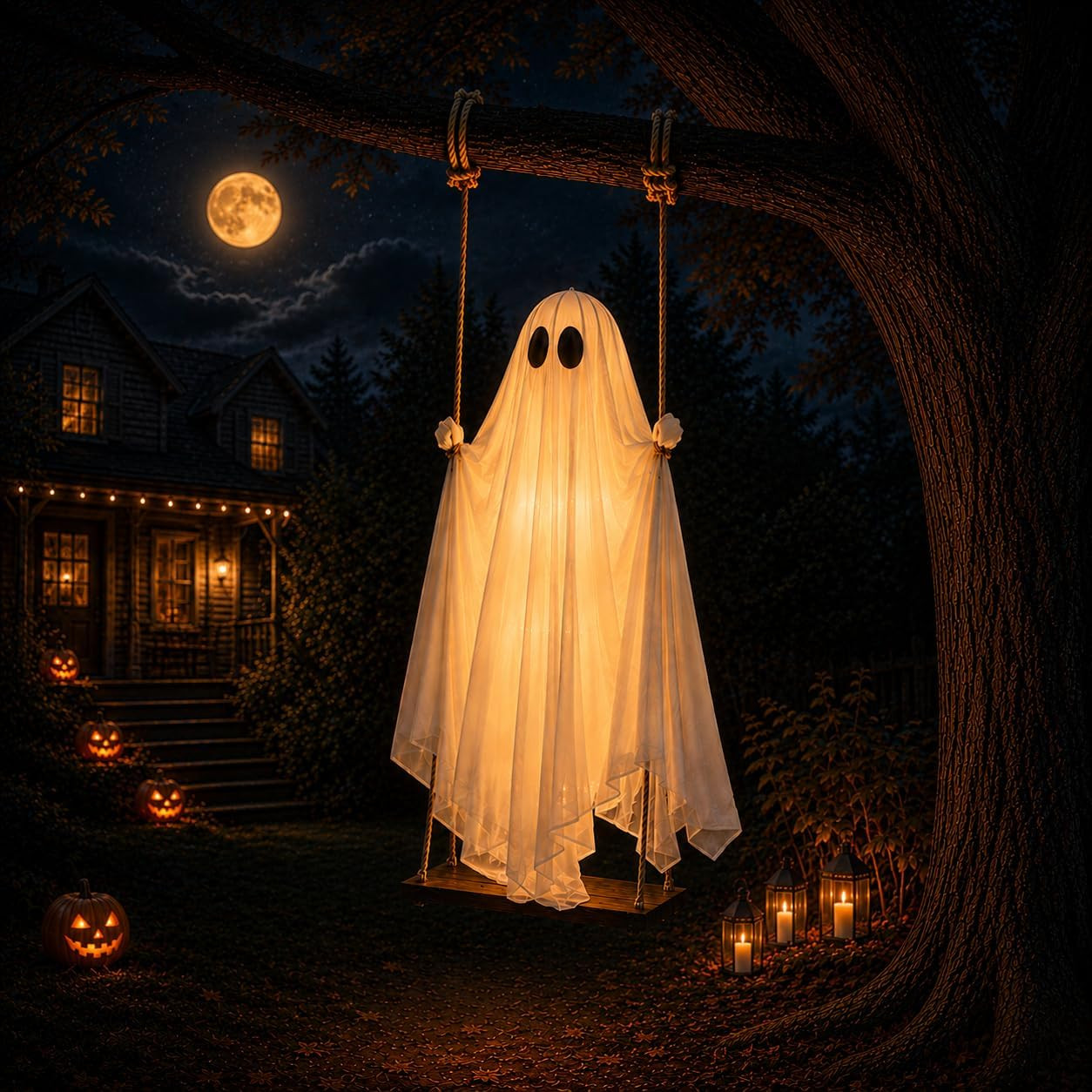 Halloween Light Up Swinging Ghost Hanging Decoration Outdoor Large Cloth Specter with LED Lights Halloween Outdoor Tree Decor for Garden Tree Porch Terrace Halloween Party Display