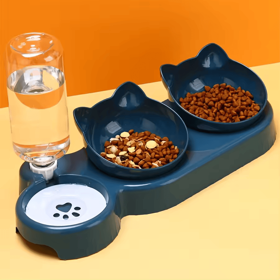 3-in-1 Cat Food and Water Bowl Set, Tilted Stainless Steel Bowls with Stand, Double Food Bowls with Water Dispenser, Pet Feeding Station for Cats Small Dogs, Black