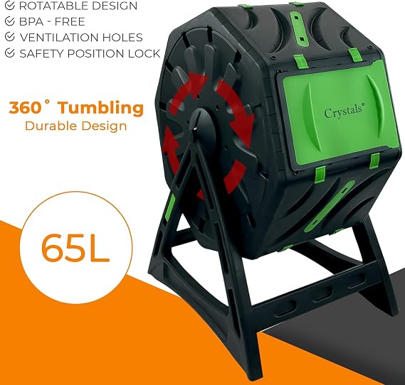 Crystals 65L Garden Compost Bin, Rotating Tumbling Composter Bin for Garden, Barrel Rotating Composter with Air Holes (with Plastic Legs)