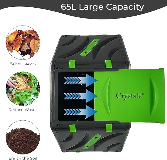 Crystals 65L Garden Compost Bin, Rotating Tumbling Composter Bin for Garden, Barrel Rotating Composter with Air Holes (with Plastic Legs)