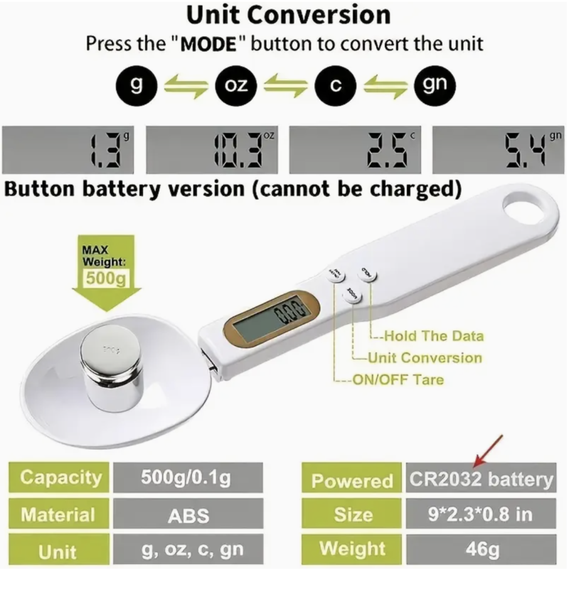Digital Measuring Spoon, Weighing Spoon Scale 500g / 0.1g High Precision with LCD Screen Display for Kitchen Gadgets Daily Meals and Pet/Dog/Cat Food Measuring Scoop