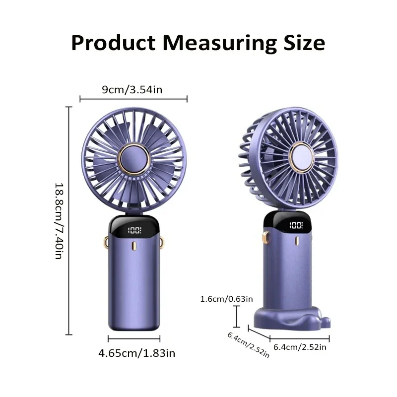 Handheld Fan, Portable Mini 3-in-1 Personal Neck/Desk/Hand Fan, USB-C Rechargeable with 5 Speeds Up to 10H, LED Display, Foldable Desktop Fans for Travel, Commuting, Office, Indoor, Outdoor