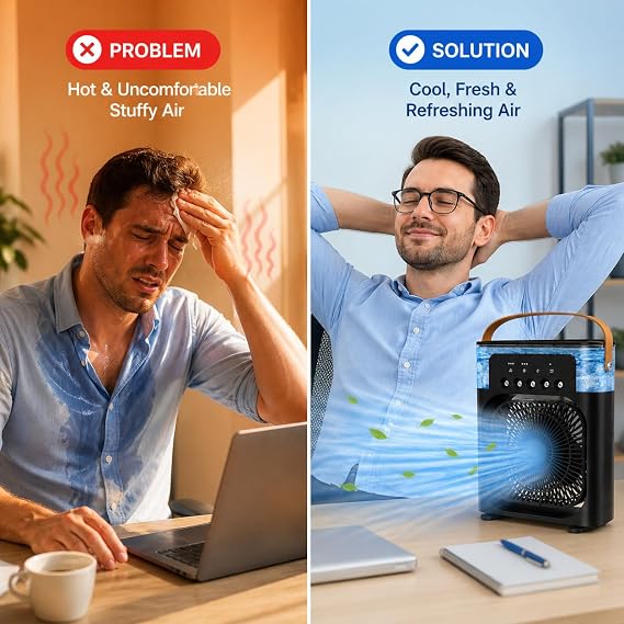 Portable Air Cooler Mini Air Conditioner USB Personal Desk Fan with Mist Humidifier, 3 Speeds, Timer, 7 Colour LED Light, Quiet Cooling Fan for Home Office Bedroom Car
